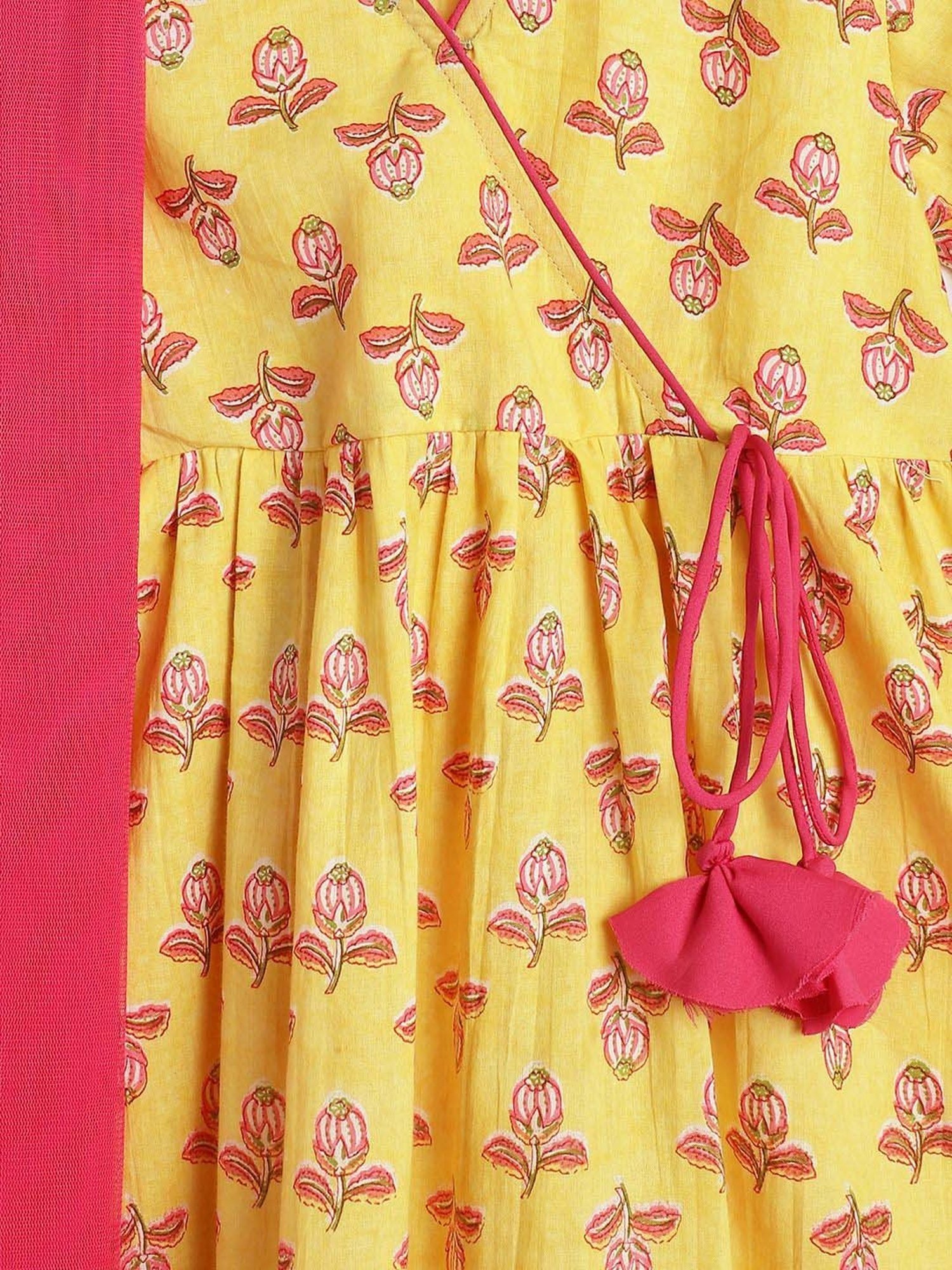 Campana Kids Yellow & Pink Cotton Printed kurti, Sharara & Dupatta
