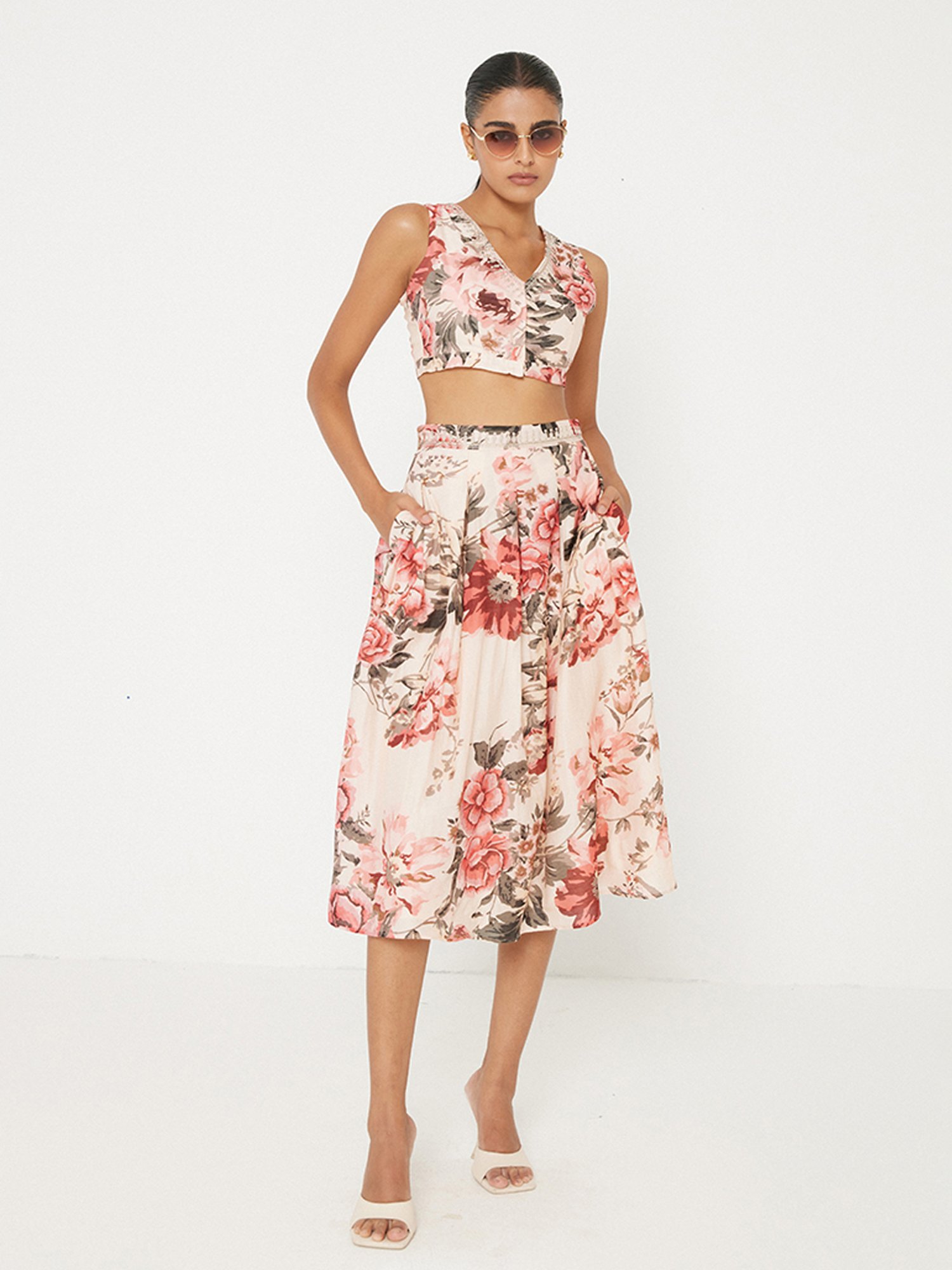 ANCESTRY Multicolor Floral Print A-Line Midi Skirt