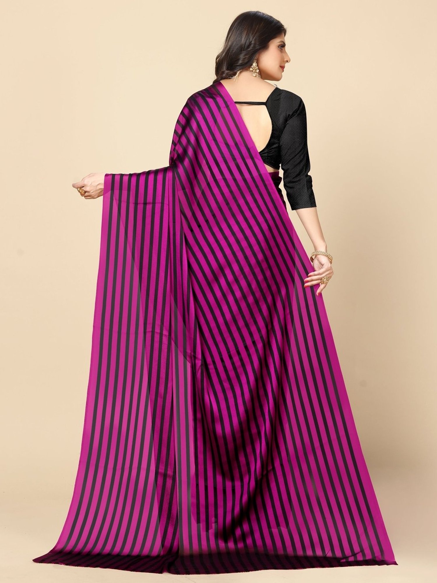 Rangita Purple & Black Striped Saree With Unstitched Blouse
