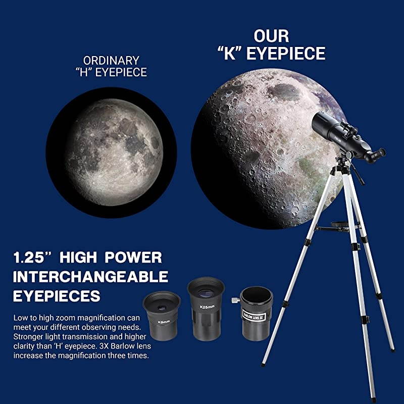 Telescopes for Adults Kids Astronomy Beginners 80mm Astronomical Telescopes with 10X Phone Mount Refractor Telescope Tripod and Carrying Bag ErectImage Travel Telescope with Moon Filter