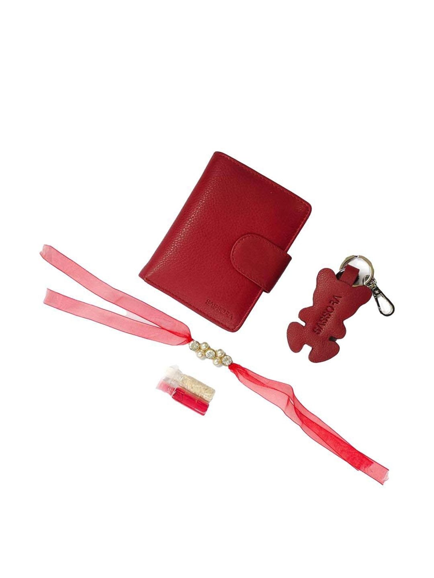 SASSORA Red Solid Rfid Wallet, Keychain & Rakhi Combo Set