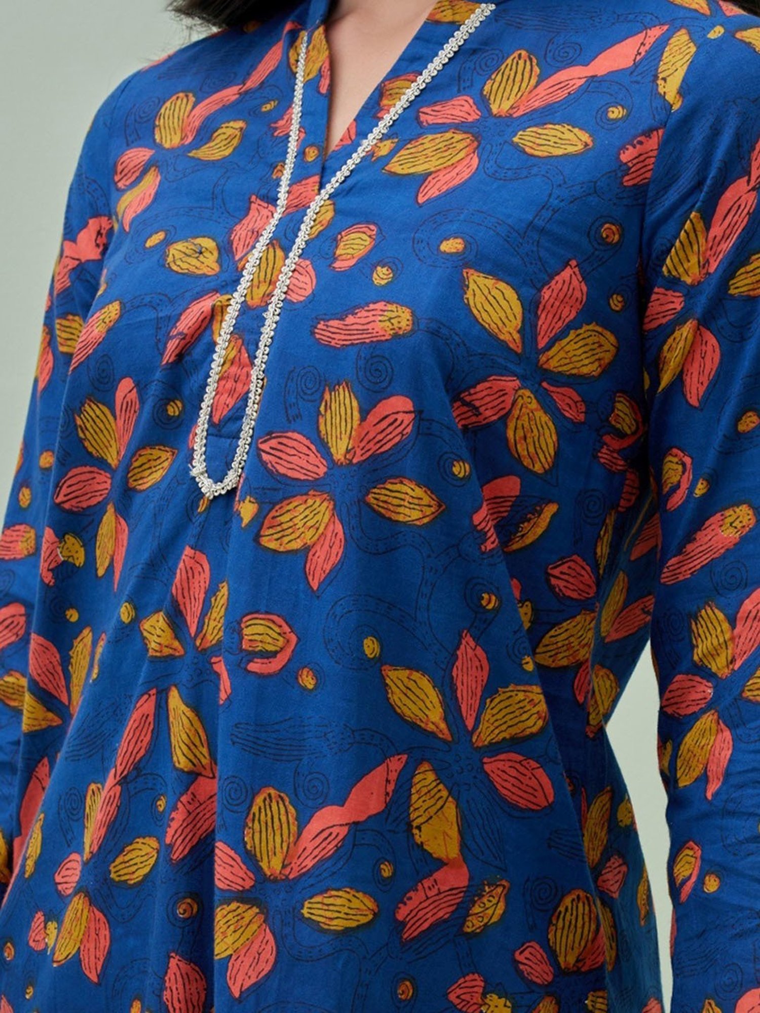 Grass & Sunshine Blue Boho Dreams Block Printed Kurta With Fitted Pants