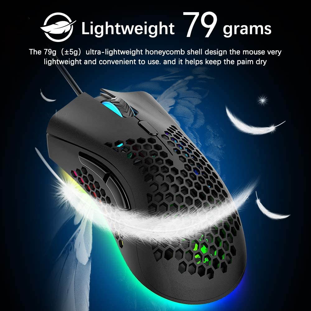 Wired Lightweight Gaming Mouse,Ultralight Honeycomb Shell Ultraweave Cable,7 Buttons Programmable Driver,Pixart 3325 12000 DPI,10 RGB Backlit Computer Mouse for PC Gamers,Xbox,PS4 Users