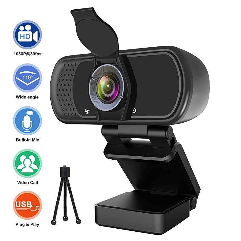 Webcam 1080P,HD Webcam with Microphone, PC Laptop Desktop USB Webcams with 110 Degree Wide Angle, Computer Web Camera with Rotatable Clip