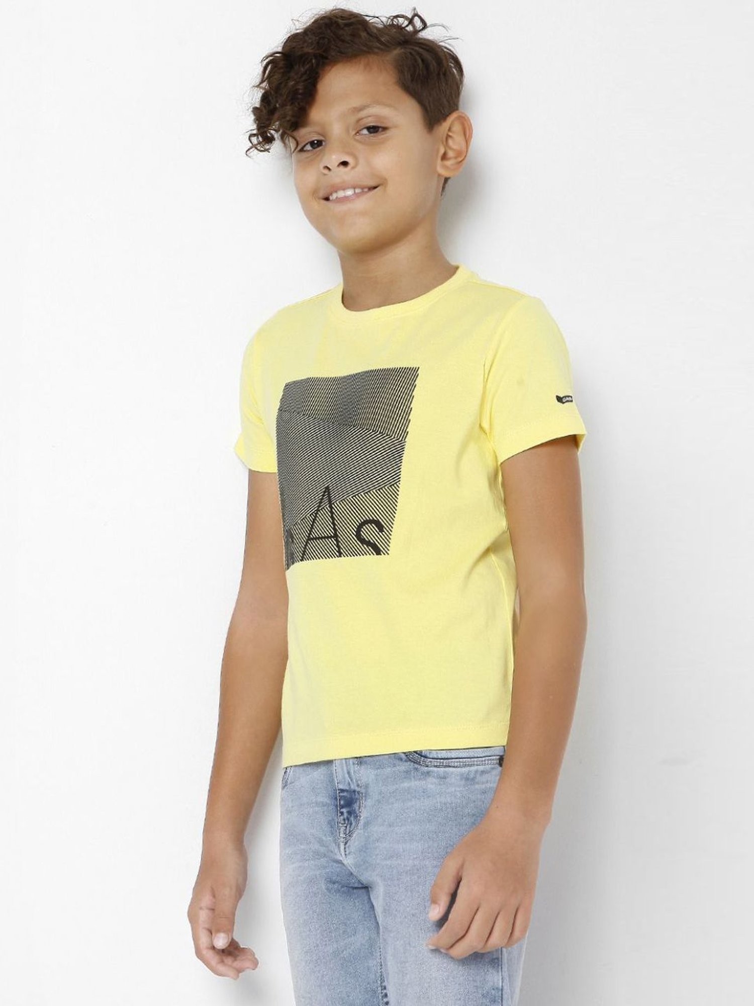 Gas Kids Yellow Cotton Printed T-Shirt