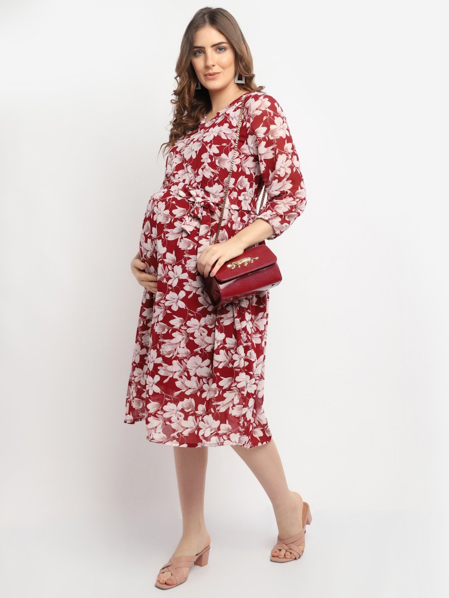 Moms Maternity Maroon Printed Dress