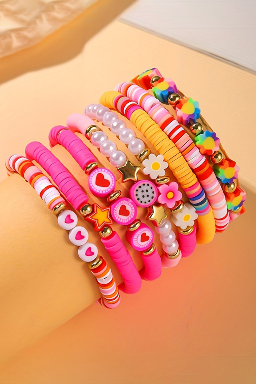 Coral Paradise Boho Colorful Flower Heart Beads Bracelet