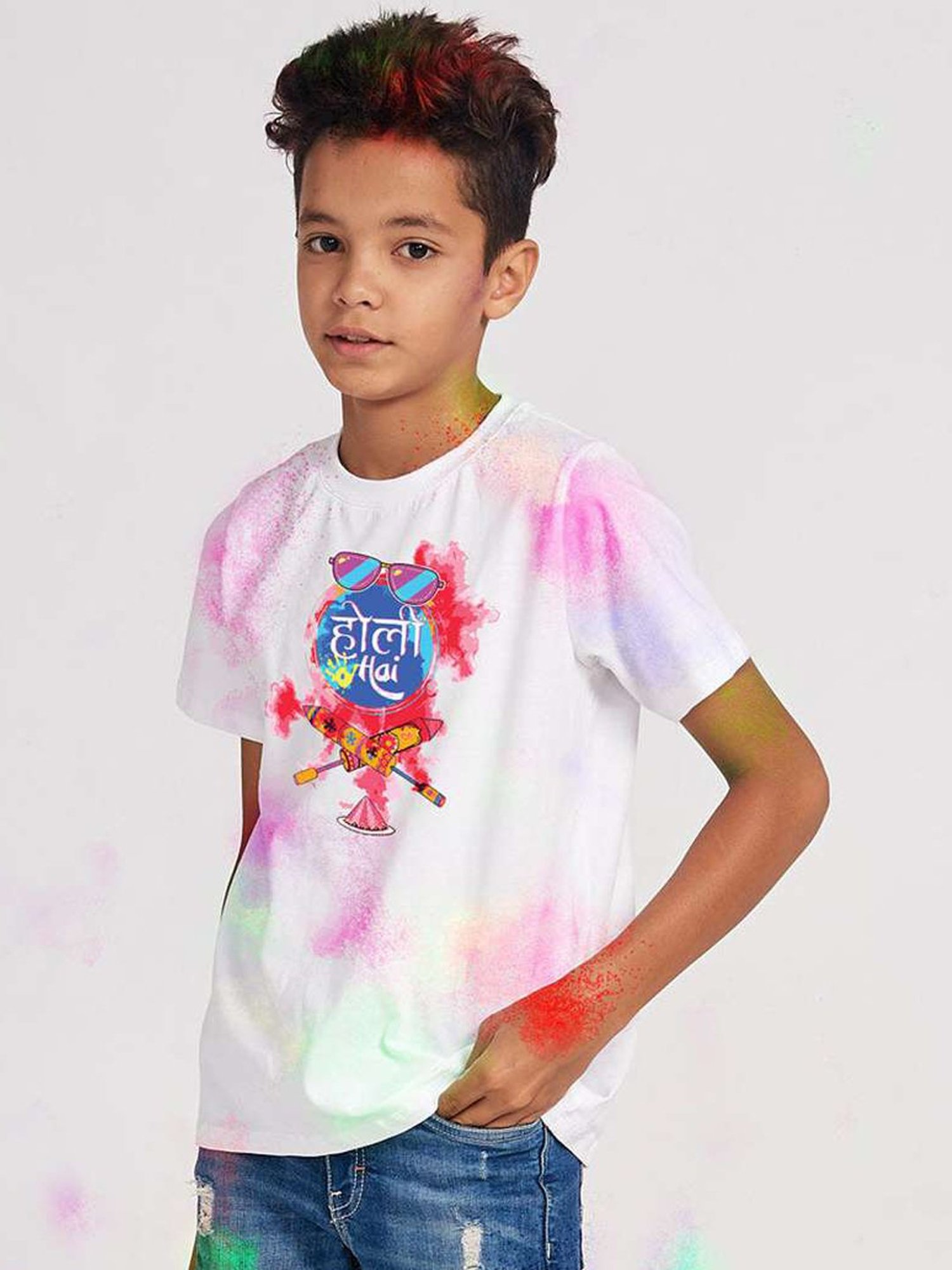 Bonkids White Cotton Holi Hai Printed T-Shirt