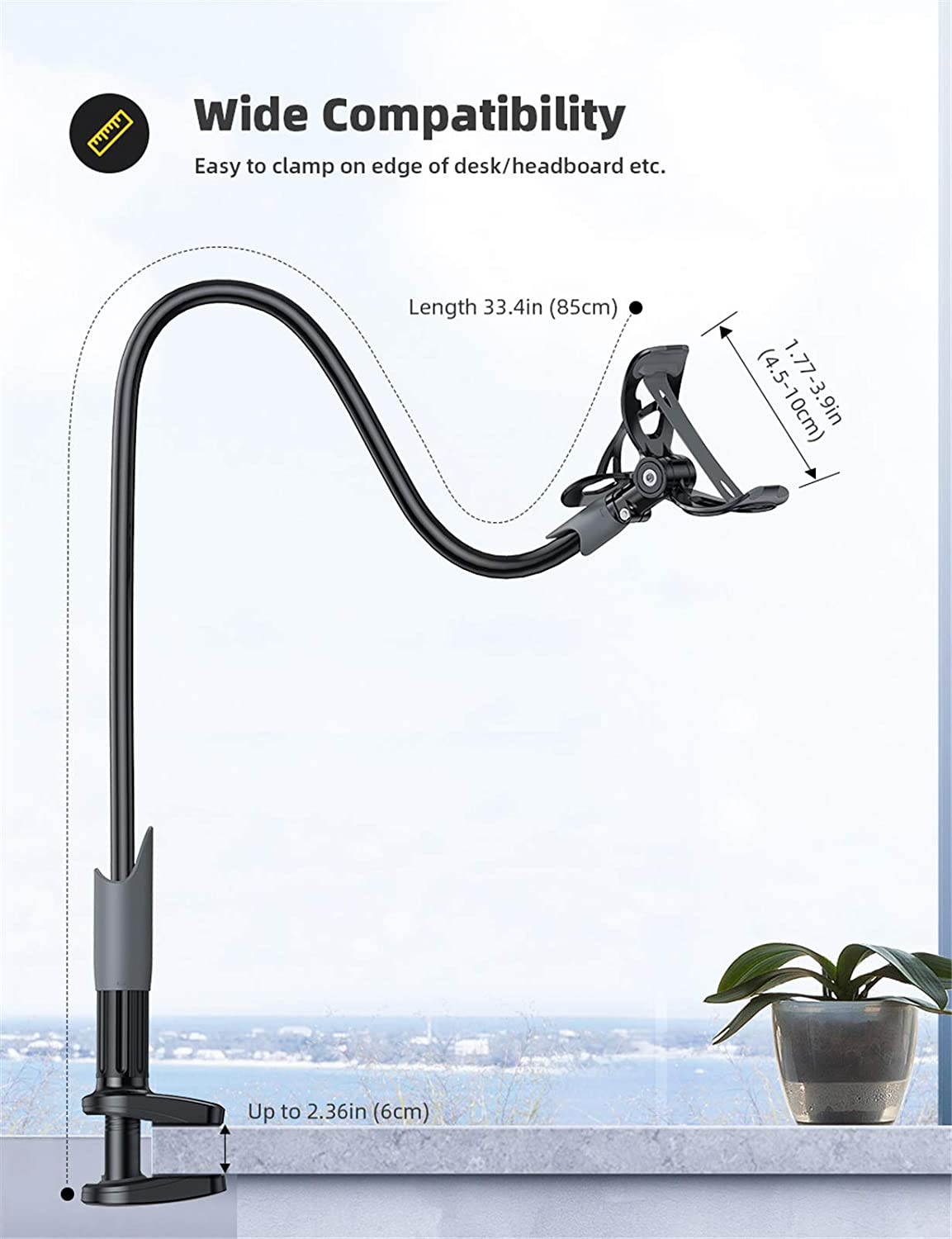 Phone Holder Bed Gooseneck Mount - Cell Phone Clamp Clip for Desk, Flexible Lazy Long Arm Headboard Bedside, Overhead Mount Stand, Compatible with Phone 12 Mini 11 Pro Xs Max XR X 8 7 6 Plus