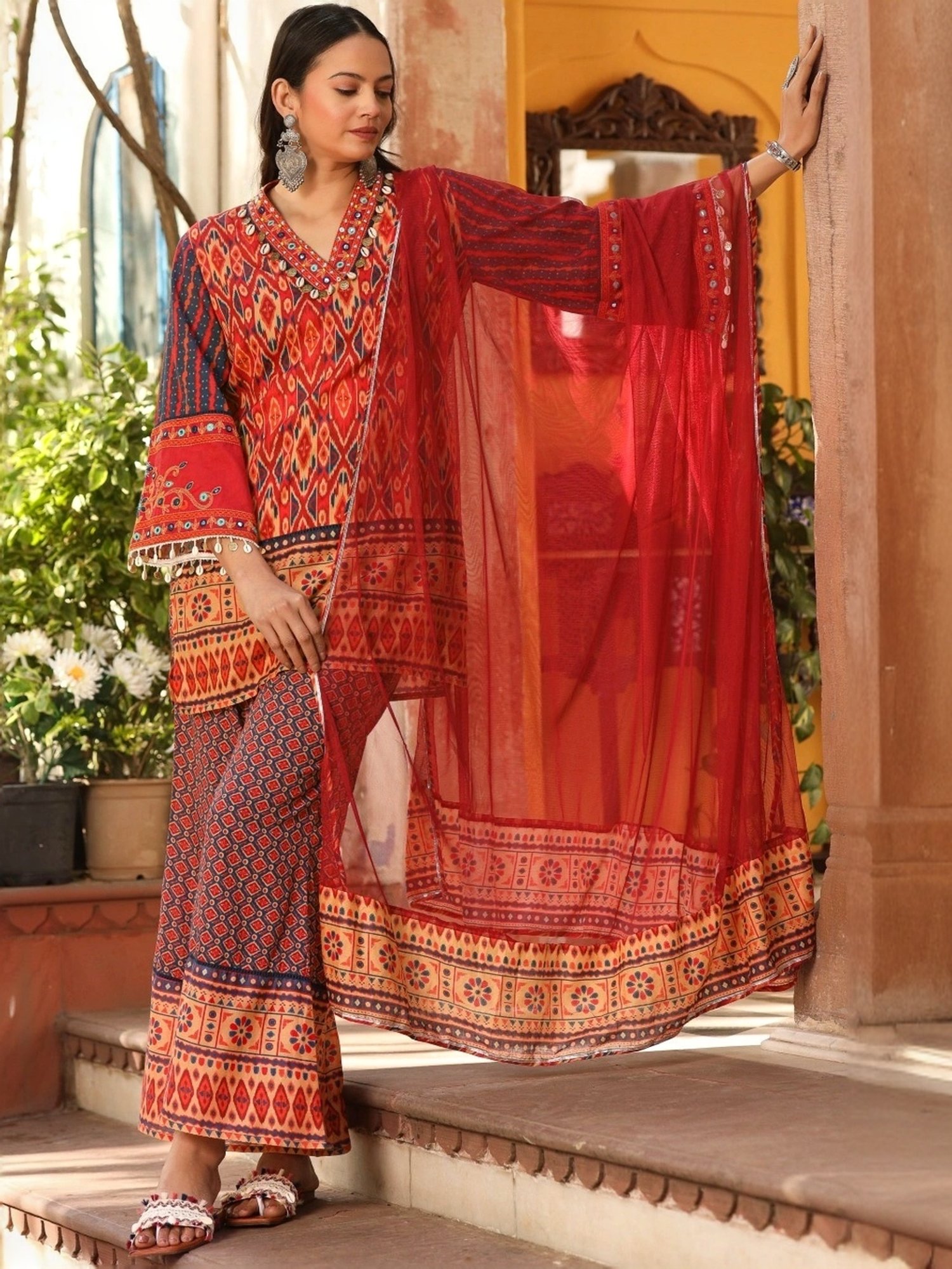 Juniper Red Cotton Printed Kurti Flared Pant Set With Dupatta