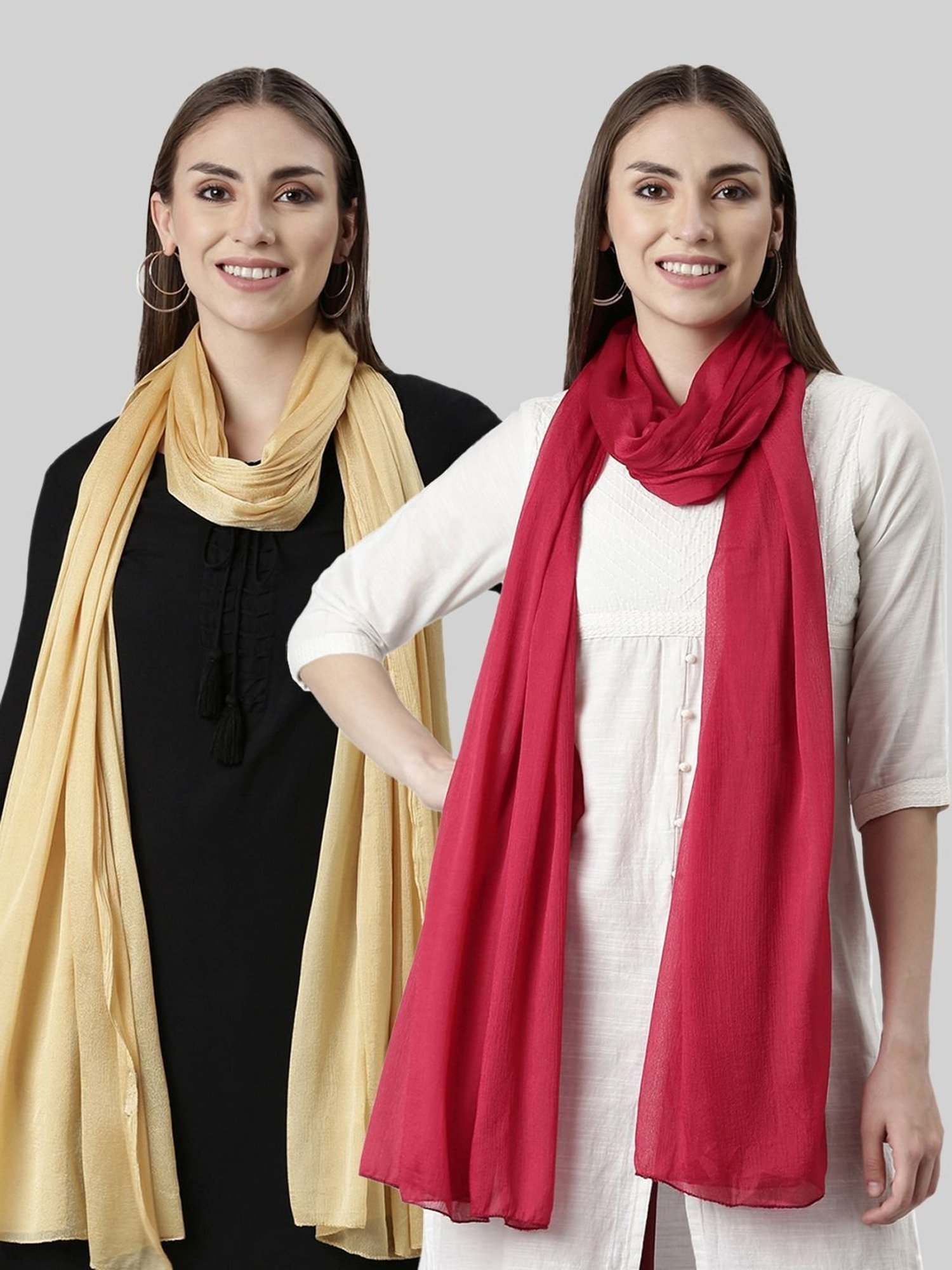 TWIN BIRDS Golden & Red Plain Dupatta - Pack Of 2