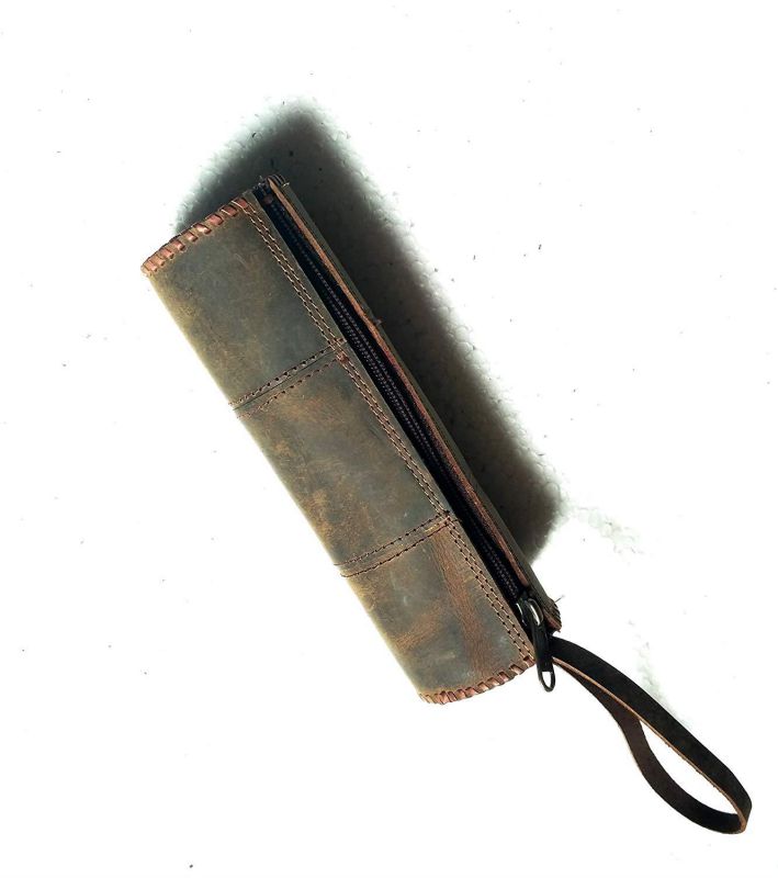 Genuine Leather Stationery Pencil Pen Case Art Pouch Office Uni College Smart Everyday Vintage Unisex Brown