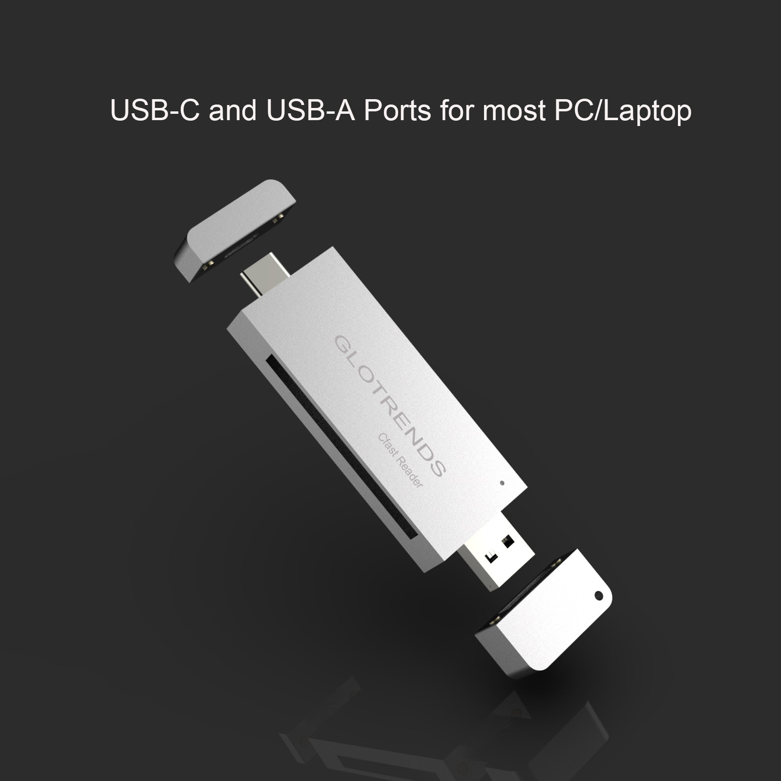 GLOTRENDS CFast Reader 2.0 10Gbps Chip with USB C and USB A Port, Full Aluminum Case Silver Color