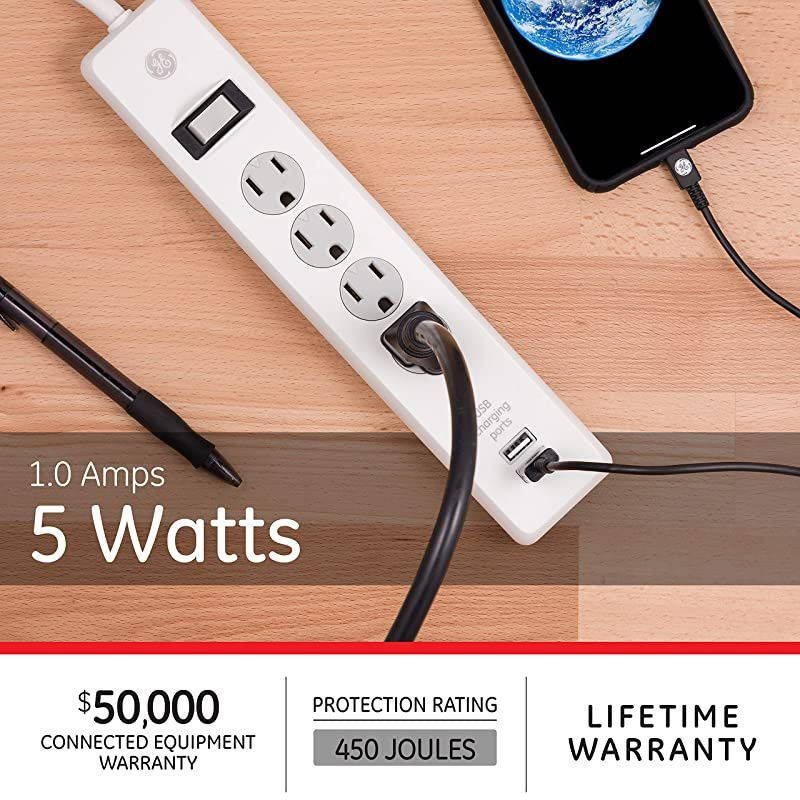 Sur Protector 4 Outlet 2 USB Charging Ports 3 Ft Long Extension Cord 1A USB Charging 450 Joules White 14090