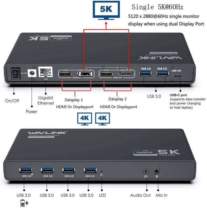 Wavlink USB C Dual 4K HDMI&DP Universal Docking, with 60W Power Delivery, Dual 4K@60Hz, Single 5K@60Hz Displaylink Dock 2 x HDMI, 2 x DisplayPort, Gigabit Ethernet, 2 x USB-C Ports, 4 x USB 3.0, Audio