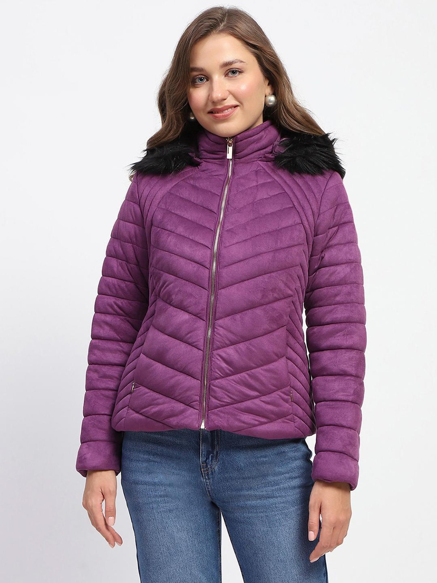 MADAME Purple Regular Fit Puffer Jacket