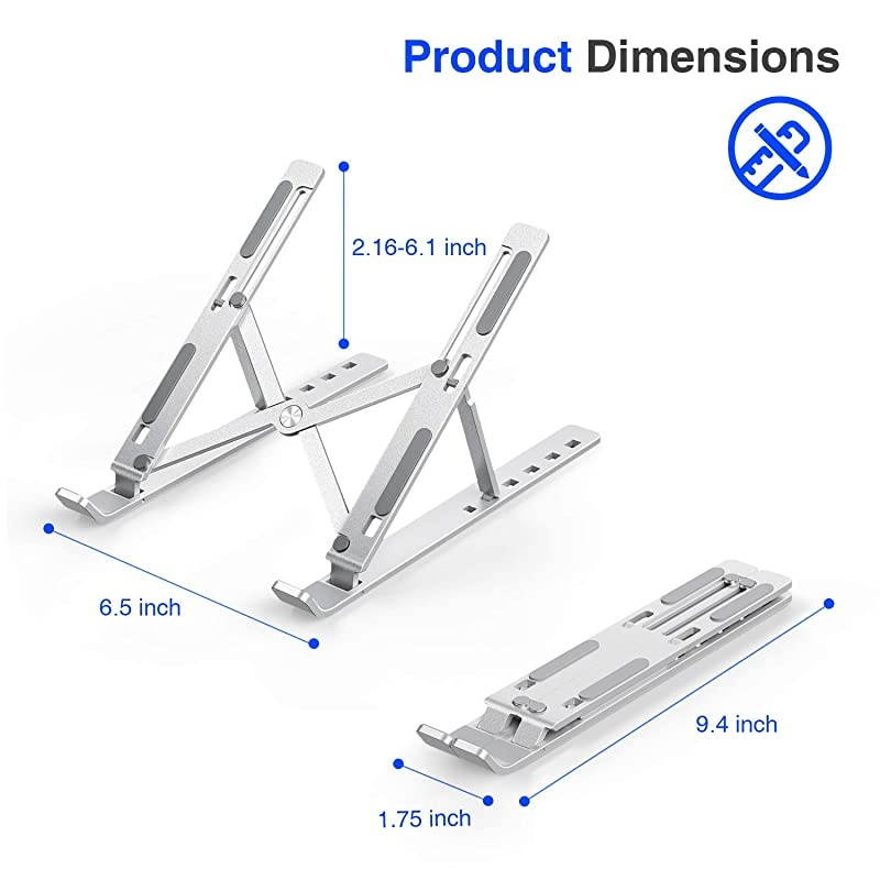 Portable Laptop Stand for Desk  LA02 Adjustable Foldable Aluminum Laptop Holder Riser Compatible with MacBook Air MacBook Pro HP Dell Lenovo and More Up to 156 Silver
