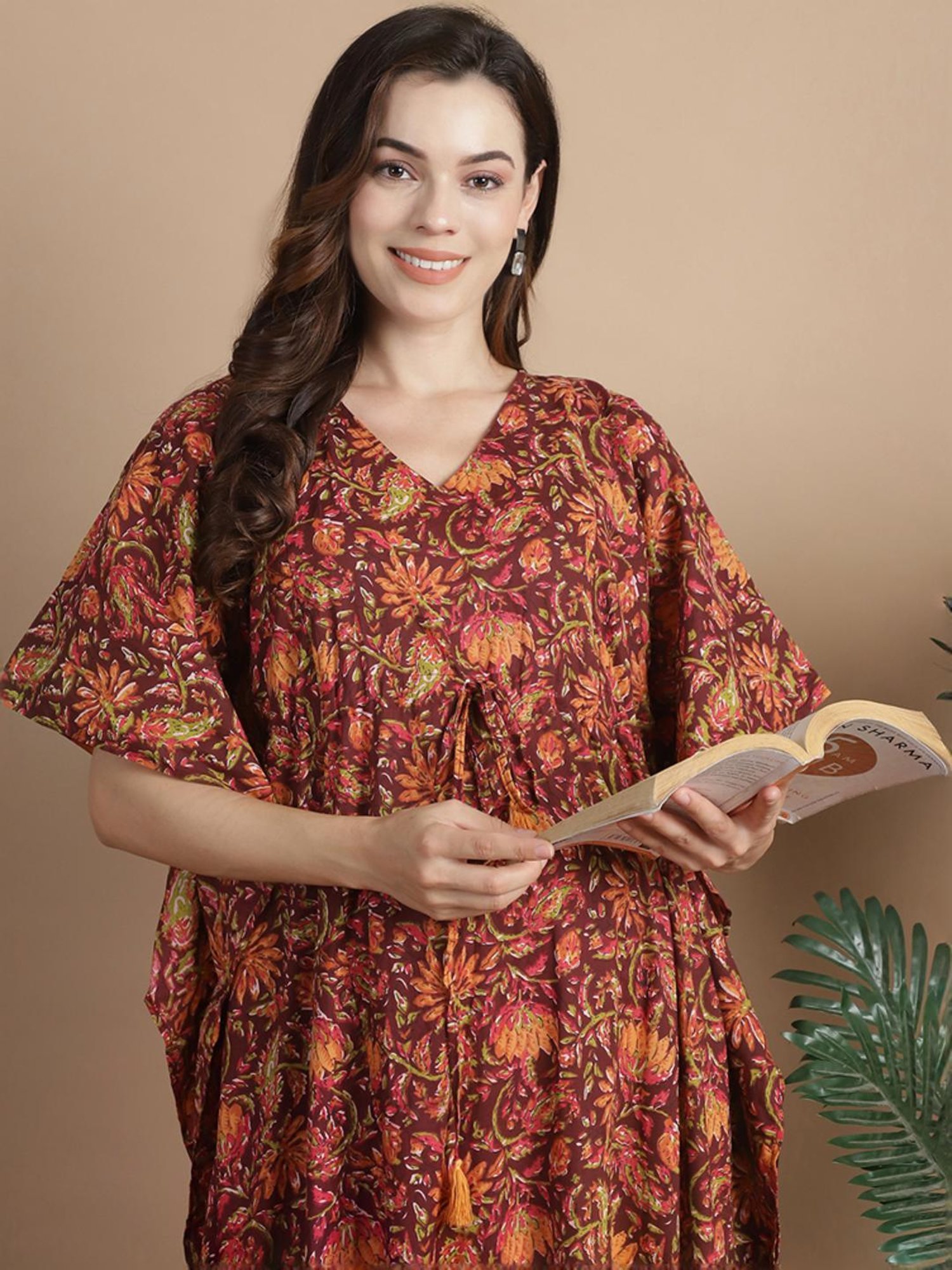 Secret Wish Brown Cotton Floral Print Kaftan