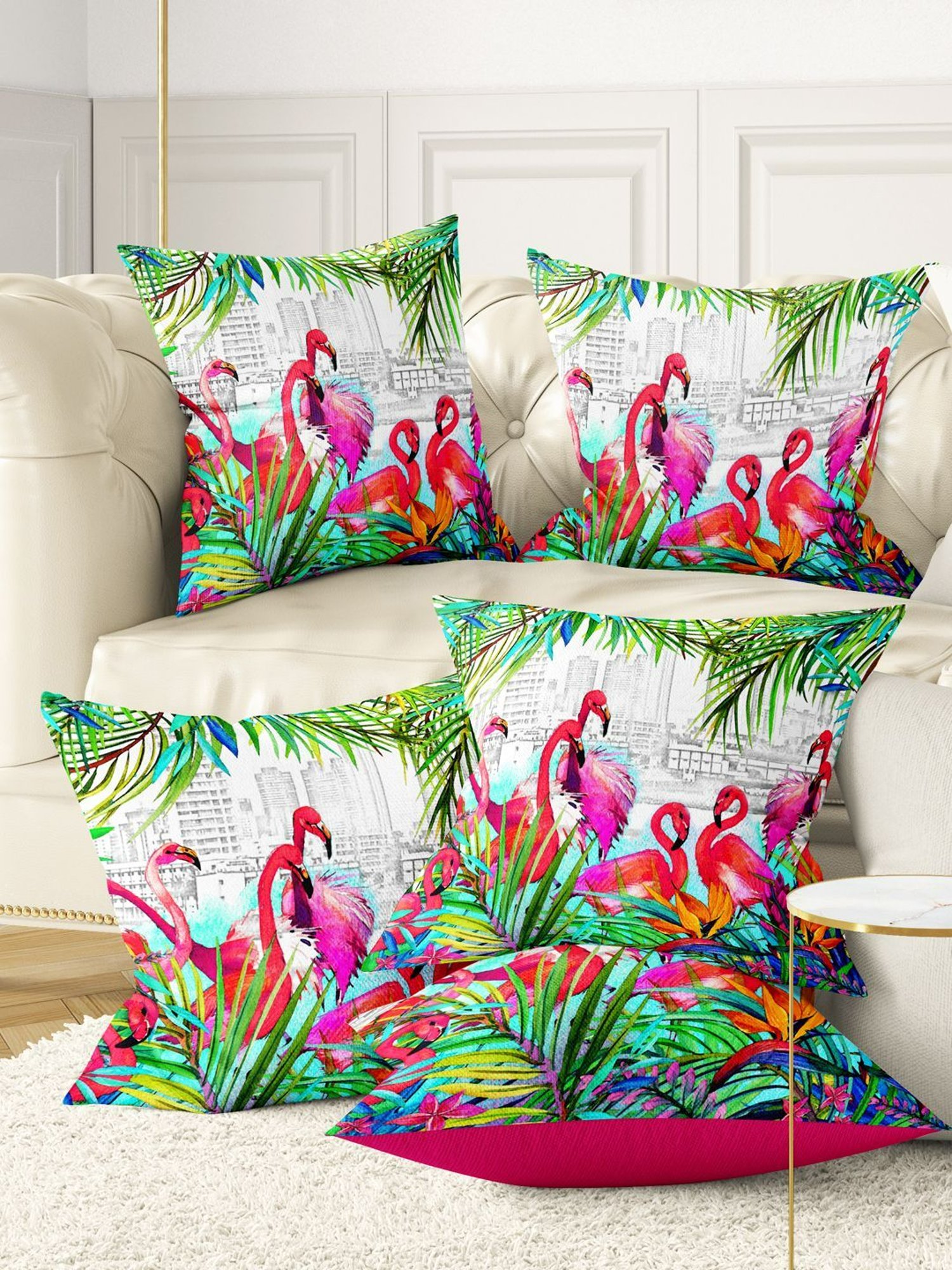Bianca Pink & Green Digitally Printed Cushion Cover - Set Of 5