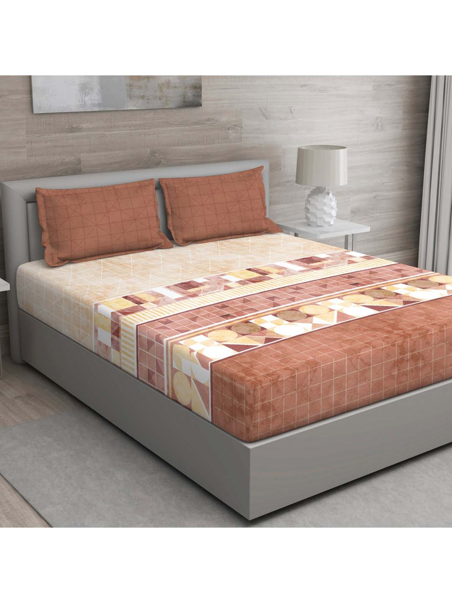 GM Brown & Beige 100% Cotton 150 TC Queen Bedsheet Set