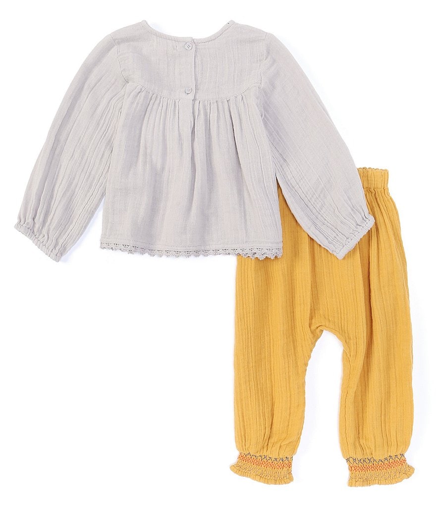 Peek Baby Girls 3-24 Months Long-Sleeve Embroidery Floral Print Babydoll Top & Pant Set