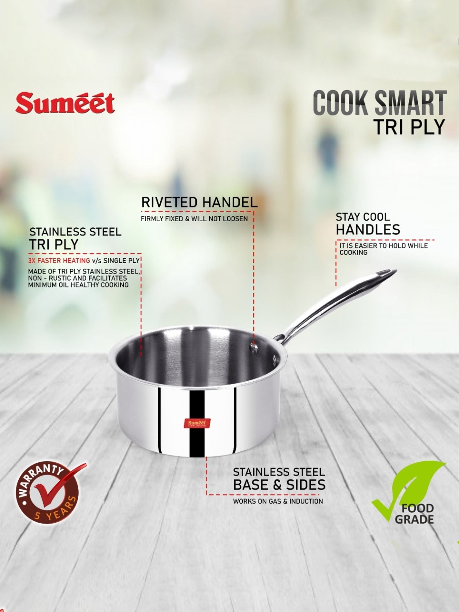 Sumeet Cook Smart TriPly SAS (Steel-Aluminium-Steel - 3 Layers) Sauce Pan  - 2.3 Ltr - 20Cm