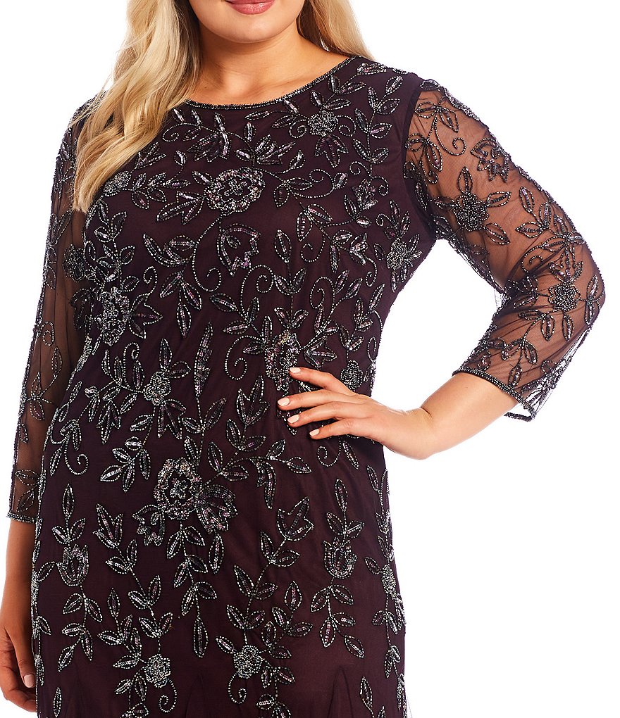 Pisarro Nights Plus Size 3/4 Sleeve Boat Neck Beaded A-Line Gown