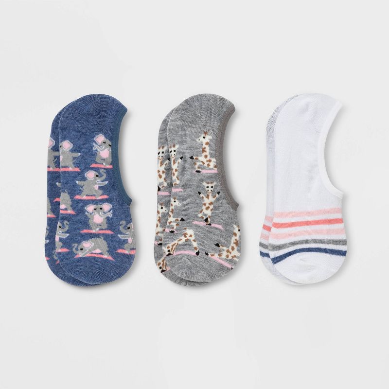 Women's Animal Yogis 3pk Liner Socks - Xhilaration™ Blue/White/Gray 4-10