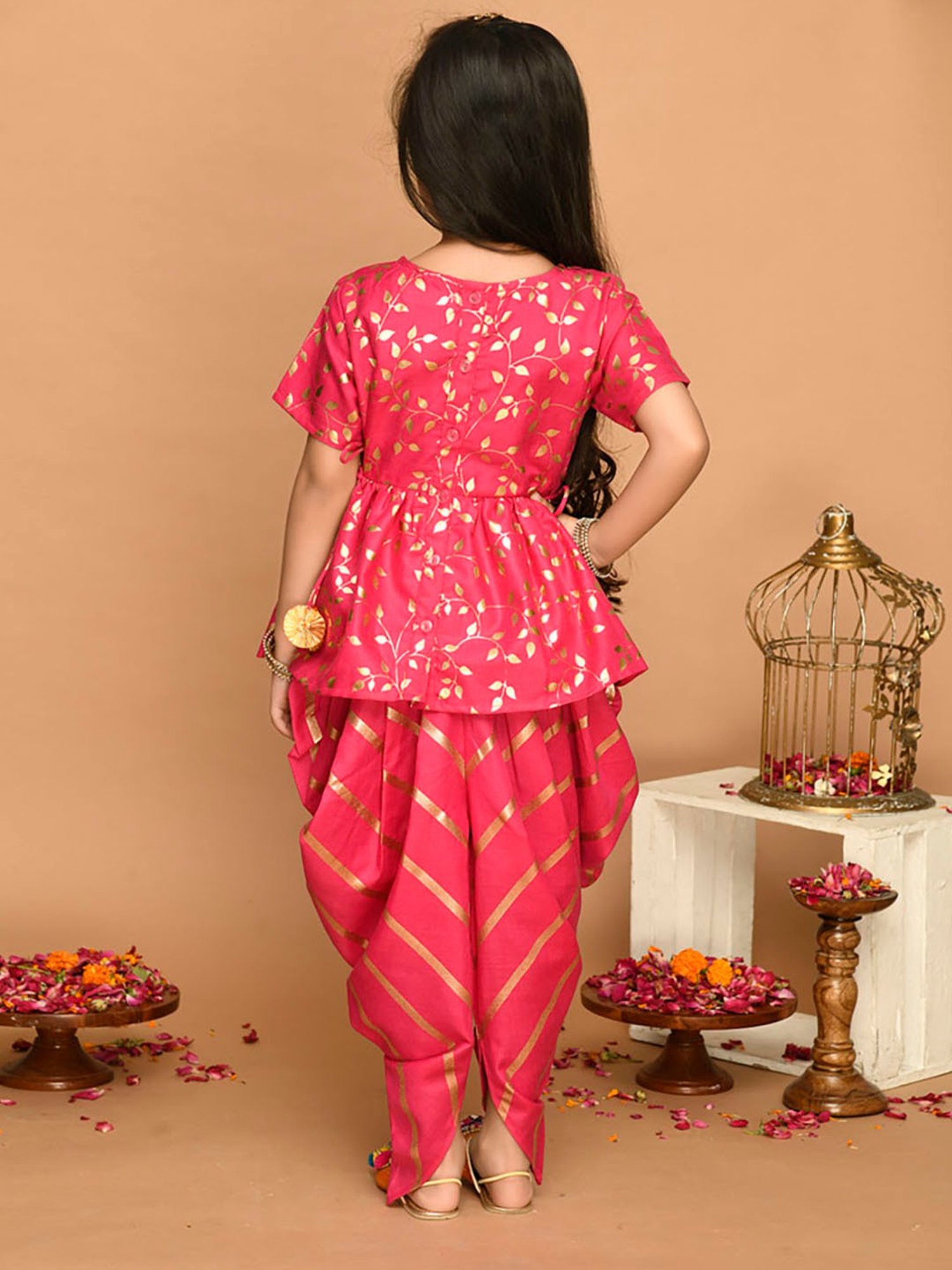 Saka Designs Kids Fuchsia & Gold Printed Jhabla with Dhoti
