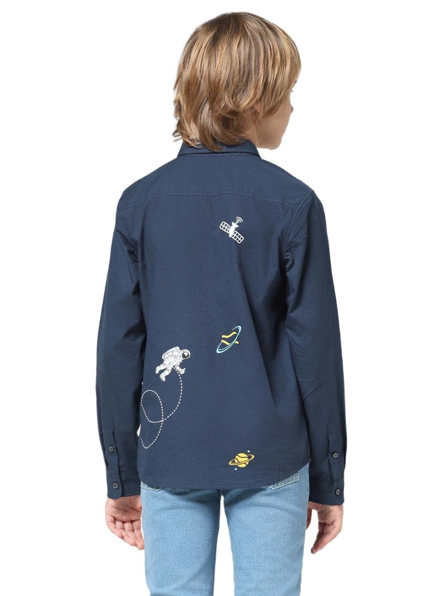 Jack & Jones Junior Poseidon Blue Cotton Printed Full Sleeves Shirt