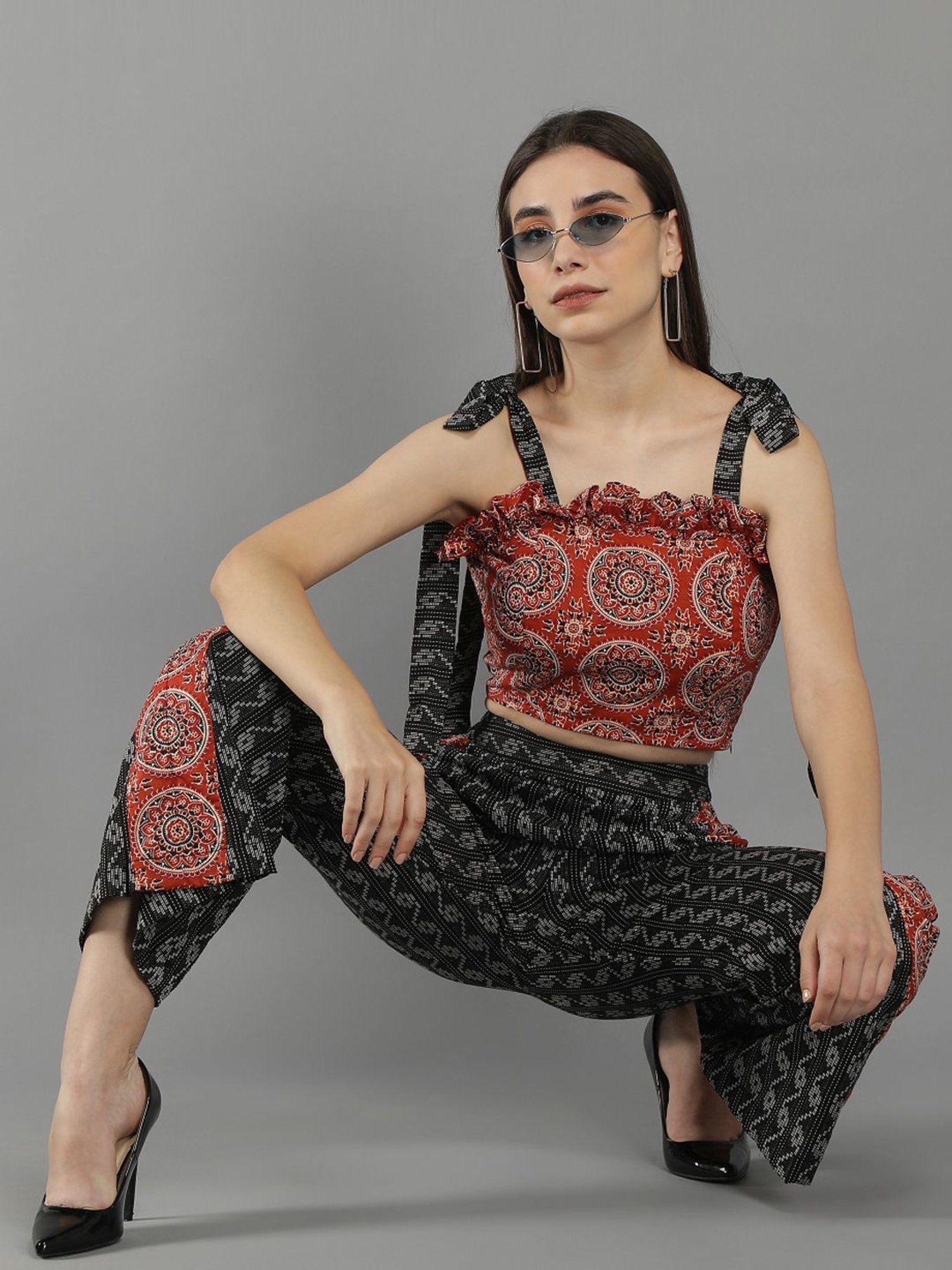 KAORI BY SHREYA AGARWAL Rust & Black Cotton Printed Crop Top Palazzo Set