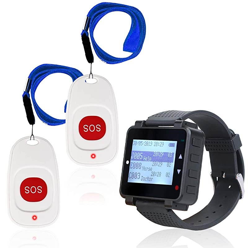 T128 Caregiver Pager,Nurse Calling System,Alert Vibration,1 Watch Receiver,2 Wireless SOS Call Button for Elderly,Patient,Personal