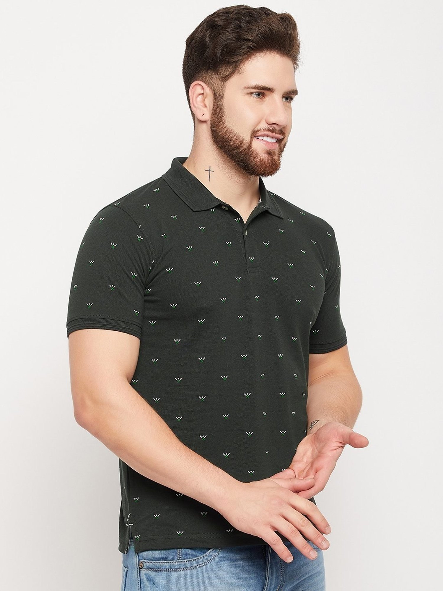 Cantabil Green Cotton Regular Fit Printed Polo T-Shirt