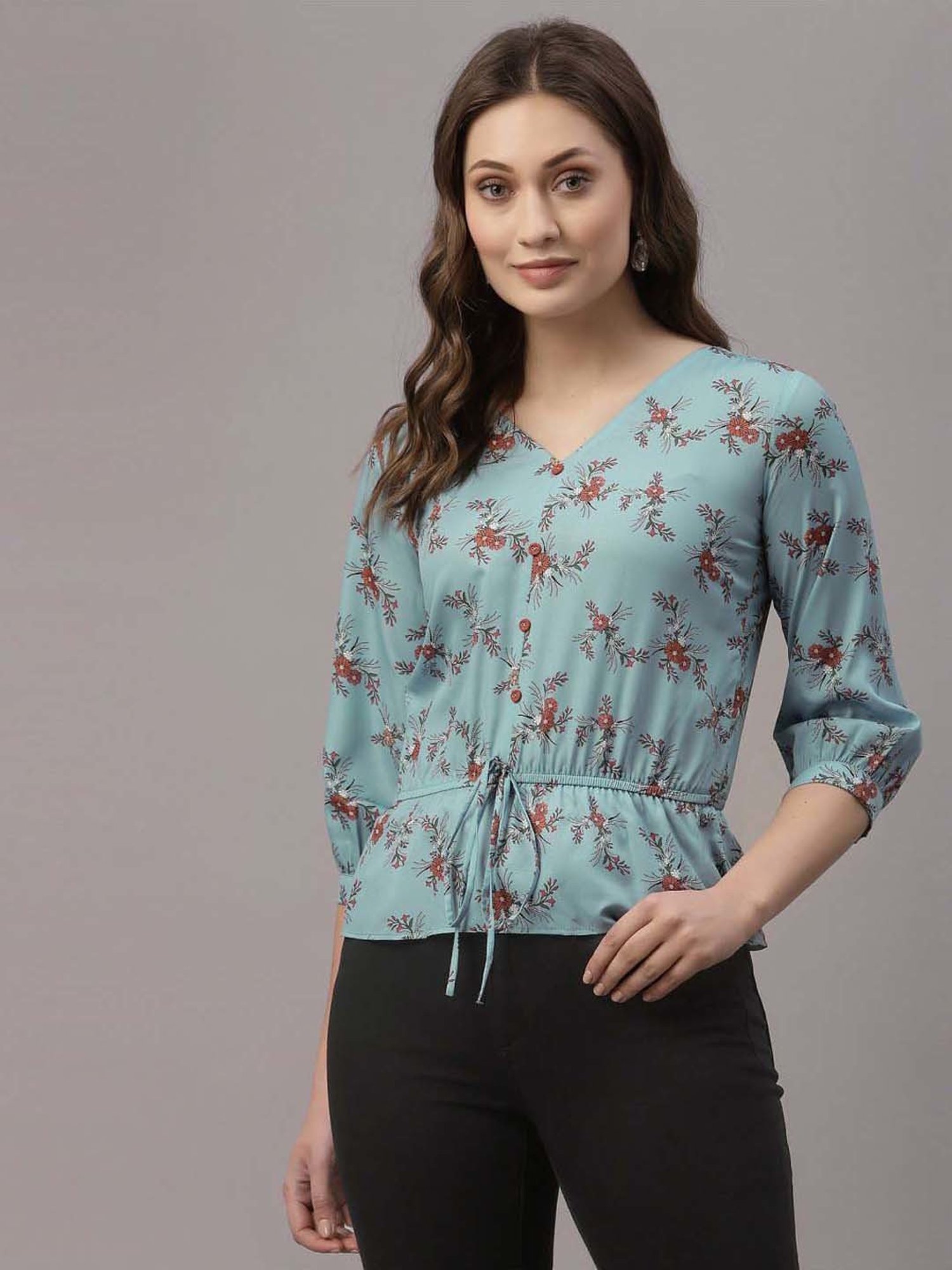 SELVIA Sky Blue Printed Top