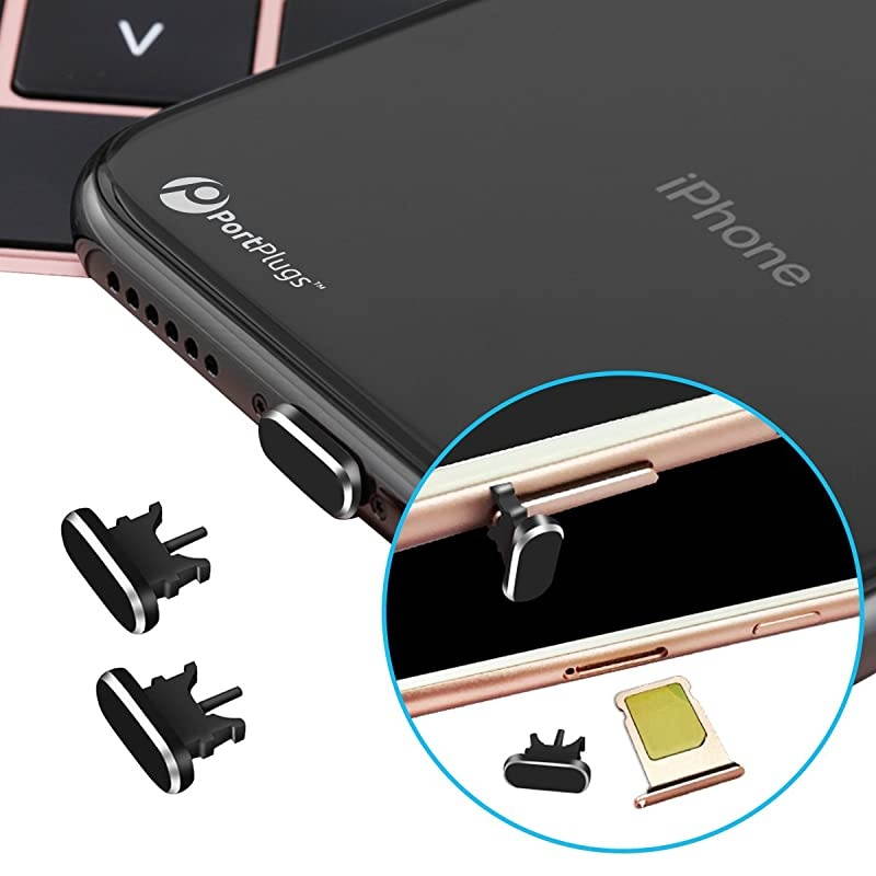 AntiDust Plug 2 Pack Aluminum Compatible with iPhone 11 X XS XR 8 7 6 Plus Max Pro Includes Port Cleaning Brush and Cover Holders Black