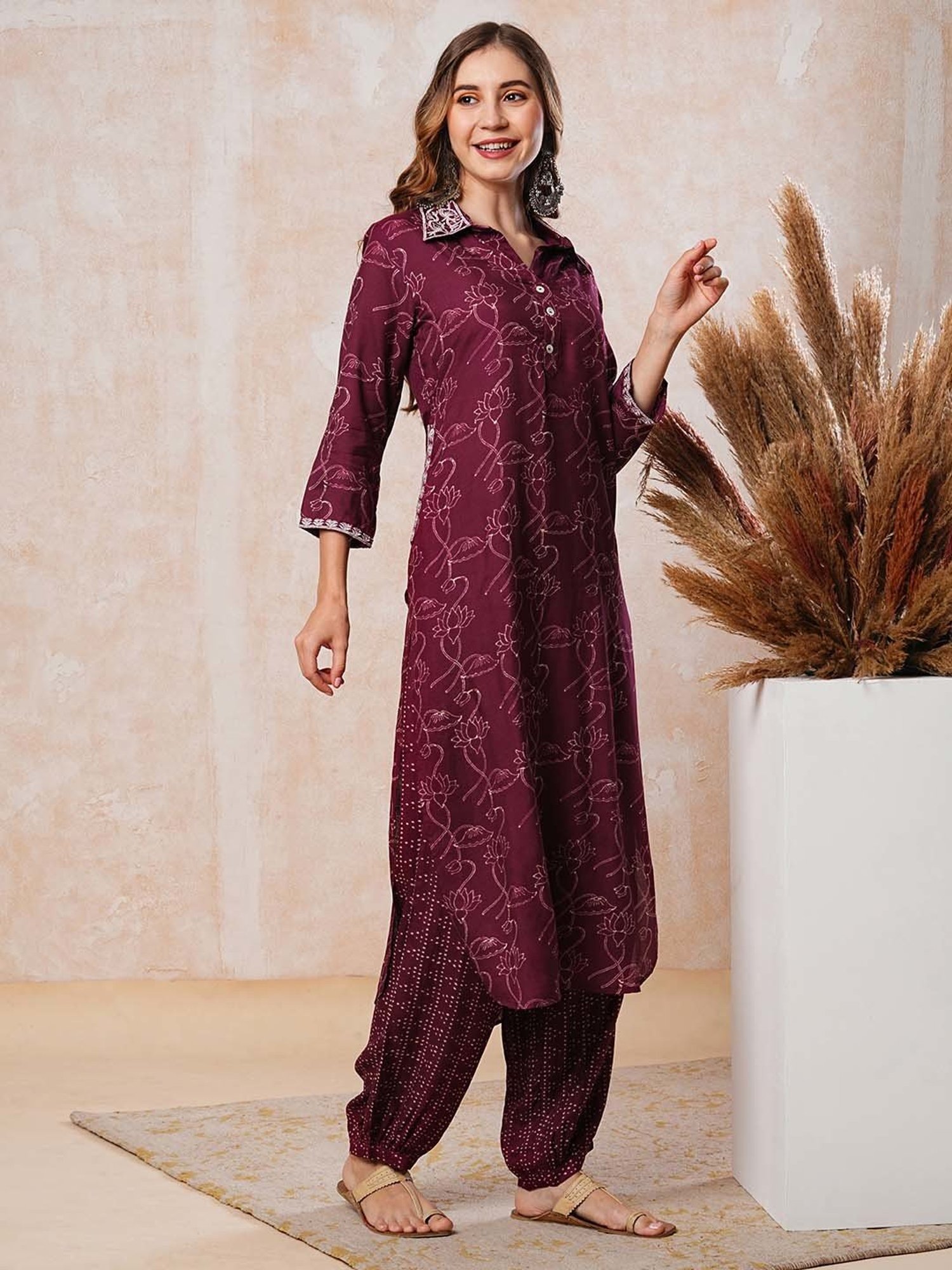 Fashor Burgundy Printed Kurta & Pants Set