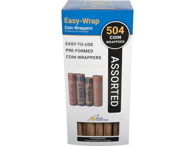Royal Sovereign FSW504A Preformed Coin Wrappers. 504 Assortment Pack, Penny, Nickel, Dime, and Quarter Coin Wrappers