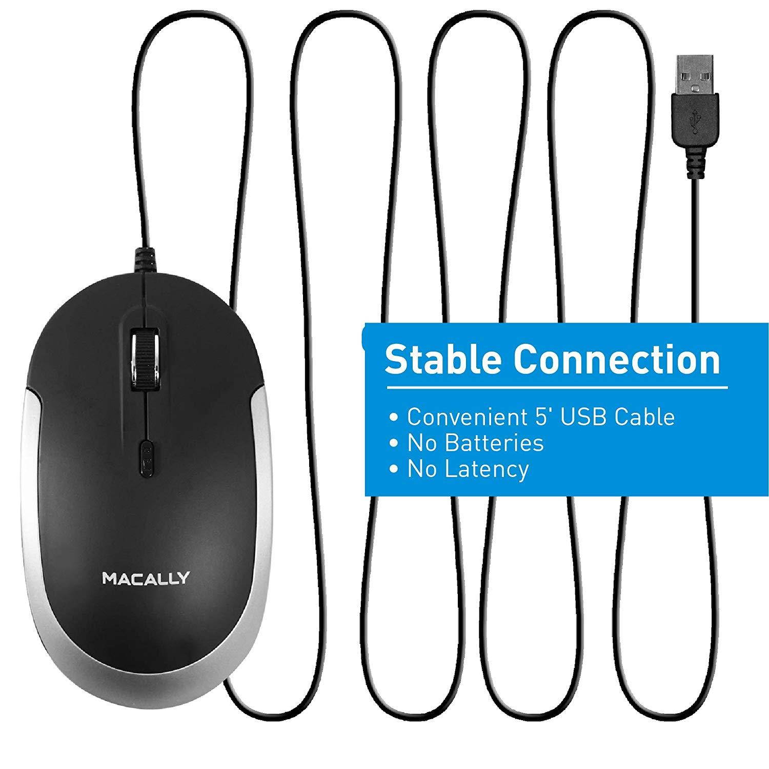 Macally Silent USB Mouse Wired for Apple Mac or Windows PC Laptop/Desktop Computer | Slim & Compact Mice Design with Optical Sensor and DPI Switch 800/1200/1600/2400 | Small for Easy Travel (Black)