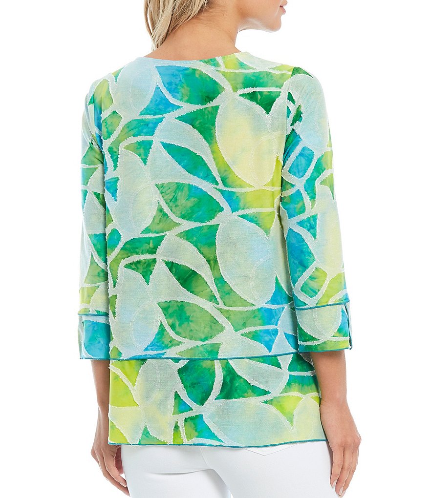 Ali Miles Tropical Tie Dye 3/4 Sleeve Jewel Neck Jacquard Top