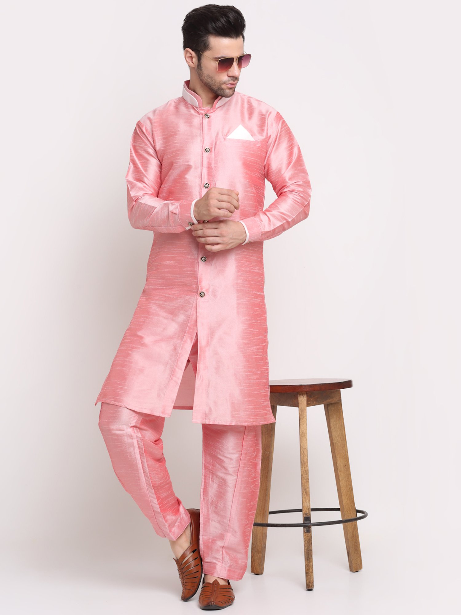 Hangup Plus Beige & Black Regular Fit Printed Sherwani Set