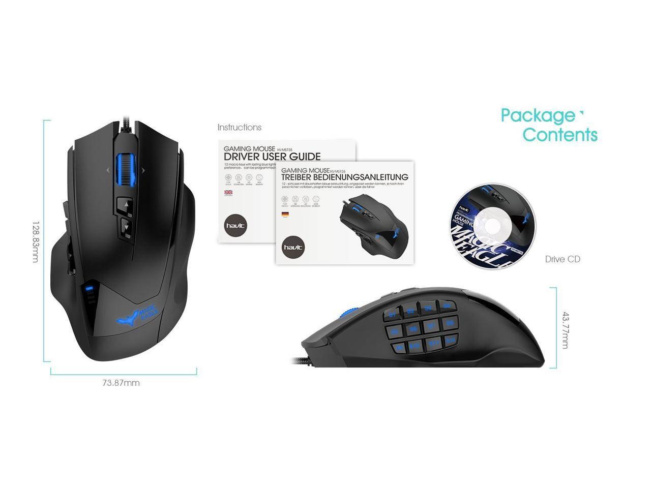 HAVIT HV-MS735 MMO Gaming Mouse Wired 12000DPI 19 Programmable Button Optical Sensor Pixart PMW3360 US Shipping