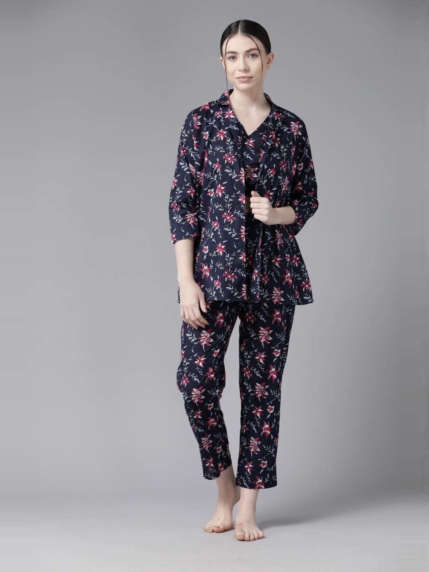 Prakrti Navy Cotton Floral Print Crop Top Pant Set With Jacket