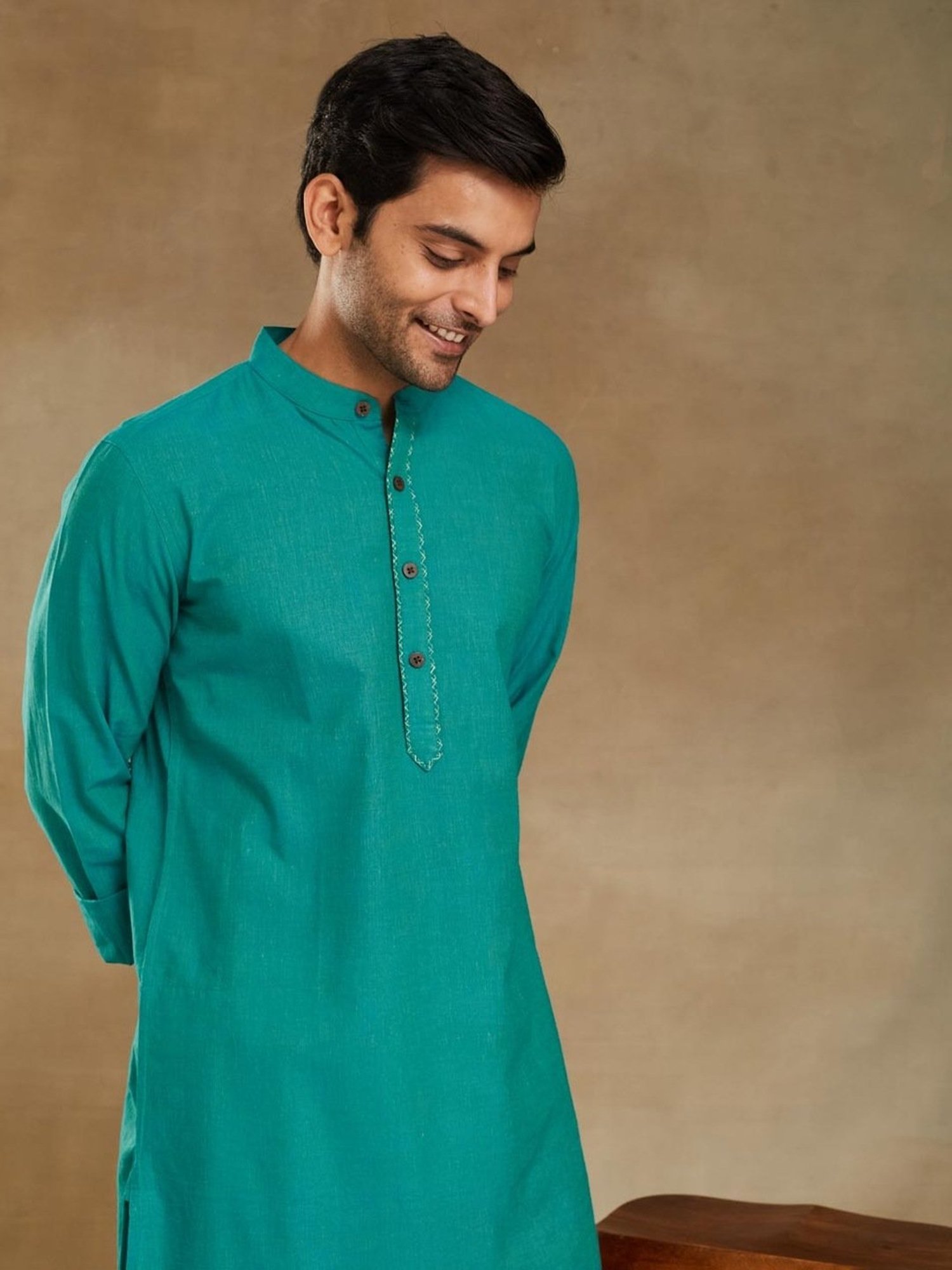 Fabindia Turquoise Cotton Slim Fit Kurta