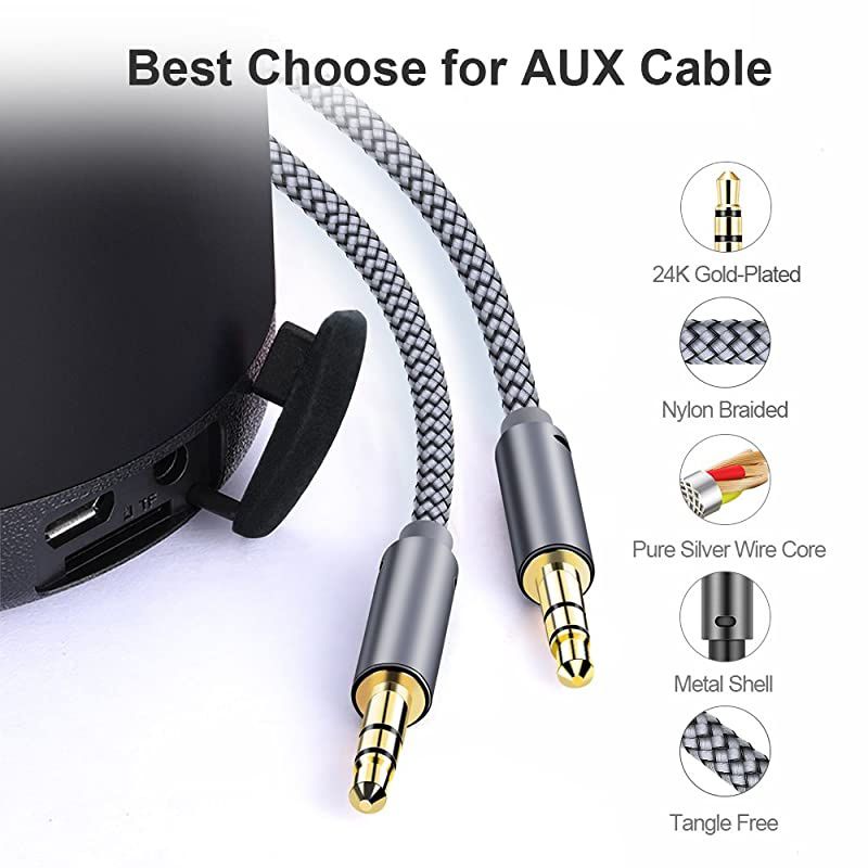 AUX Cable 4ft2 Pack Copper Shell HiFi Sound 35mm Auxiliary Audio Cable Nylon Braided Aux Cord Compatible CarHome StereosSpeakerHeadphonesSonyEcho DotBeats Grey