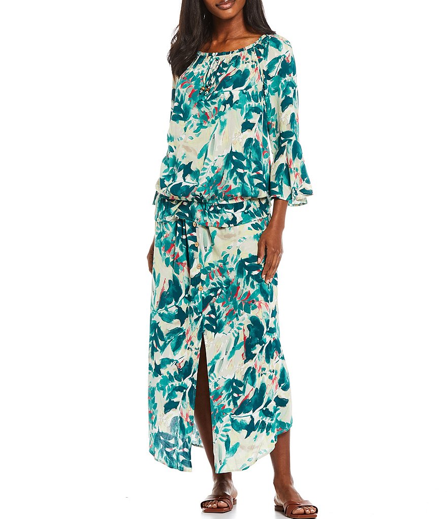 I.N. Studio Petite Size Tropical Watercolor Floral Print Crepon Tie Detail Round Neck 3/4 Sleeve Peplum Top