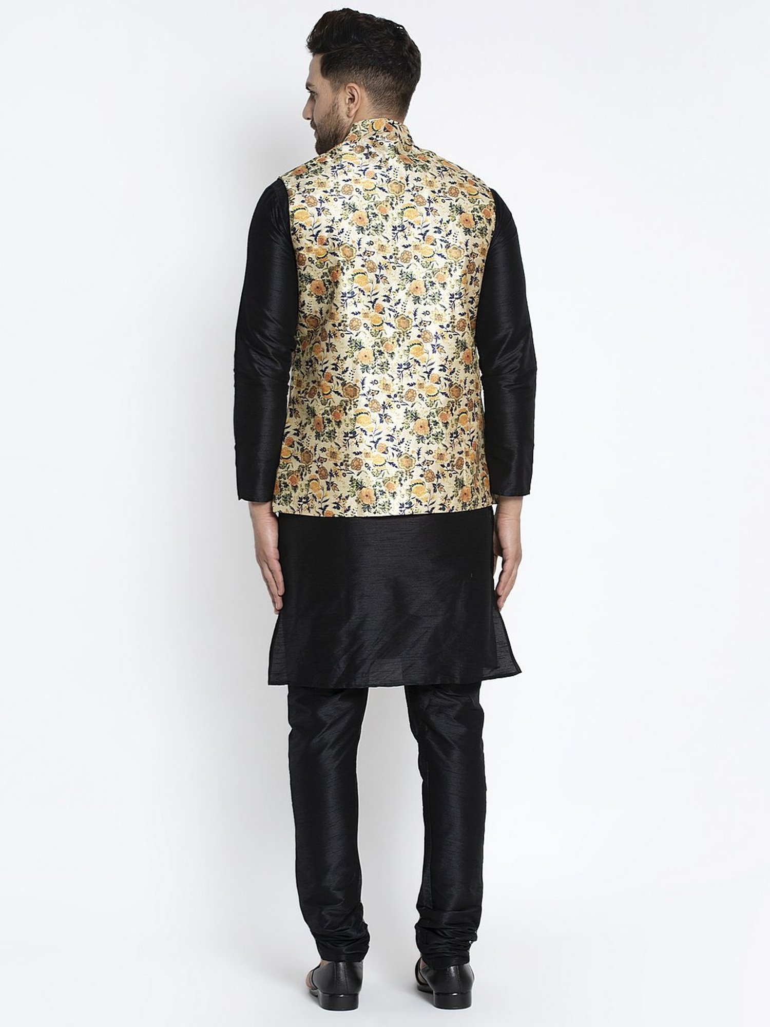 Benstoke Black & Lime Green Regular Fit Floral Print Kurta Set With Jacket