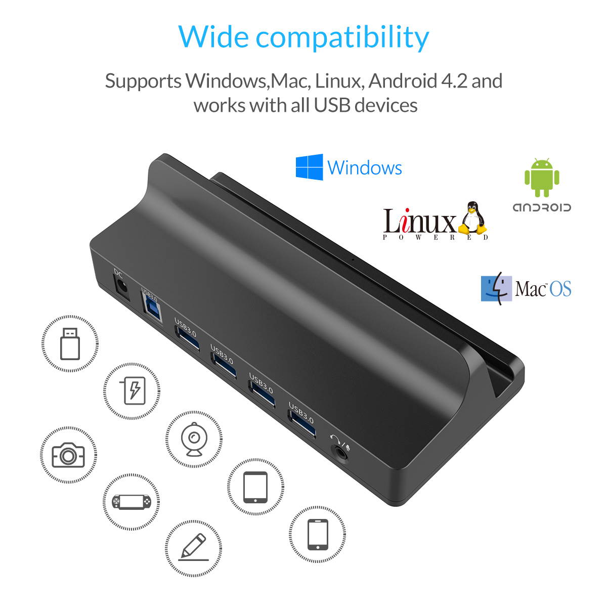 ORICO 4 Port USB3.0 HUB Universal Docking Station and 2 USB Charging Ports with Phone Stand for Surface 3.3Ft. USB3.0 Cable 12V Power Adapter for Desktop /Laptop /Notebook - Black