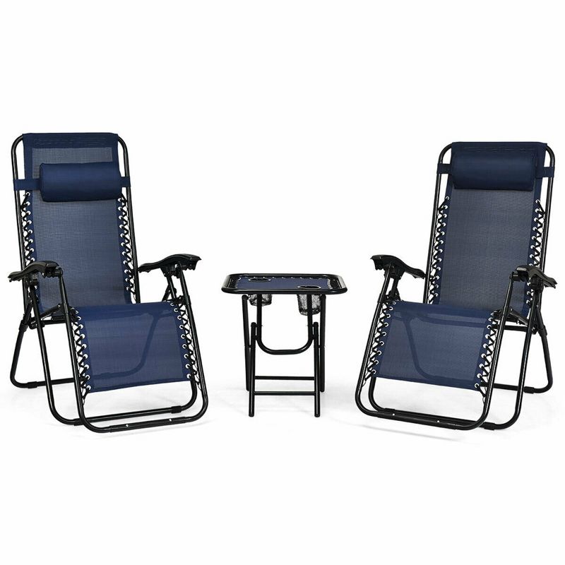 Costway 3PCS Zero Gravity Recliner Lounge Chairs Pillows Table Portable Folding Navy