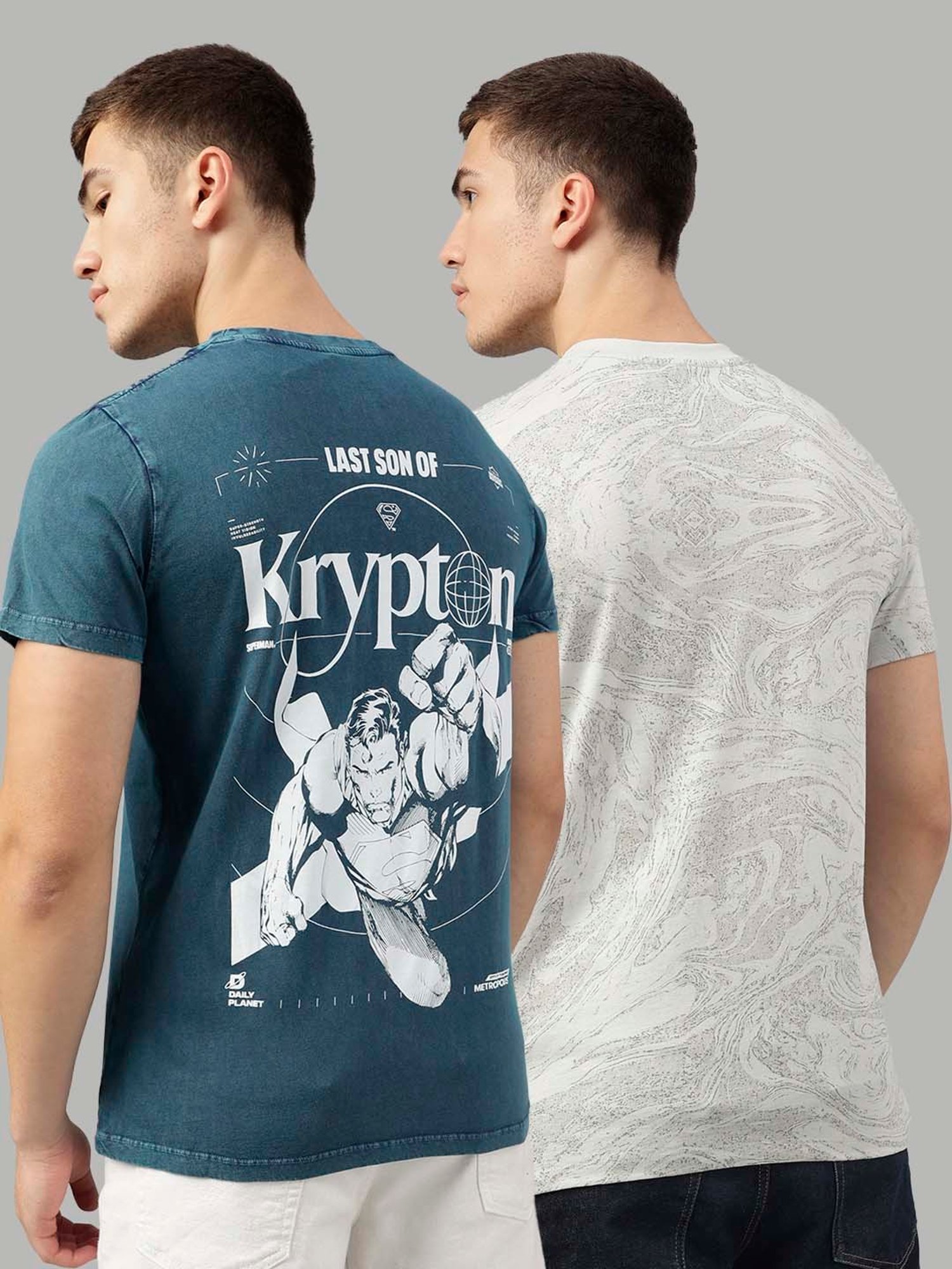 Free Authority Blue & Light Grey Regular Fit Dc Comics Printed Crew T-Shirt - Pack of 2