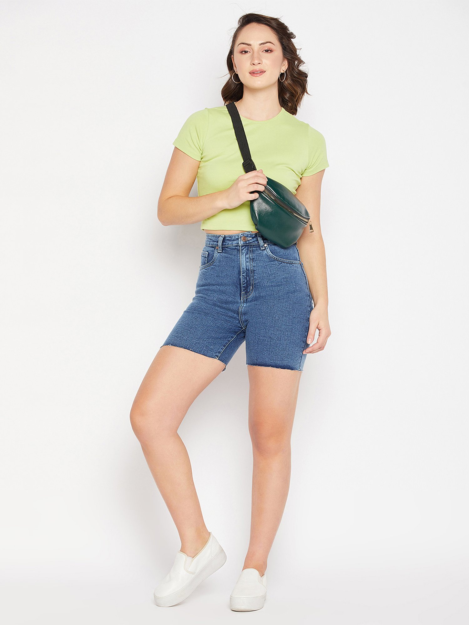 MADAME Green Cotton Regular Fit Crop Top